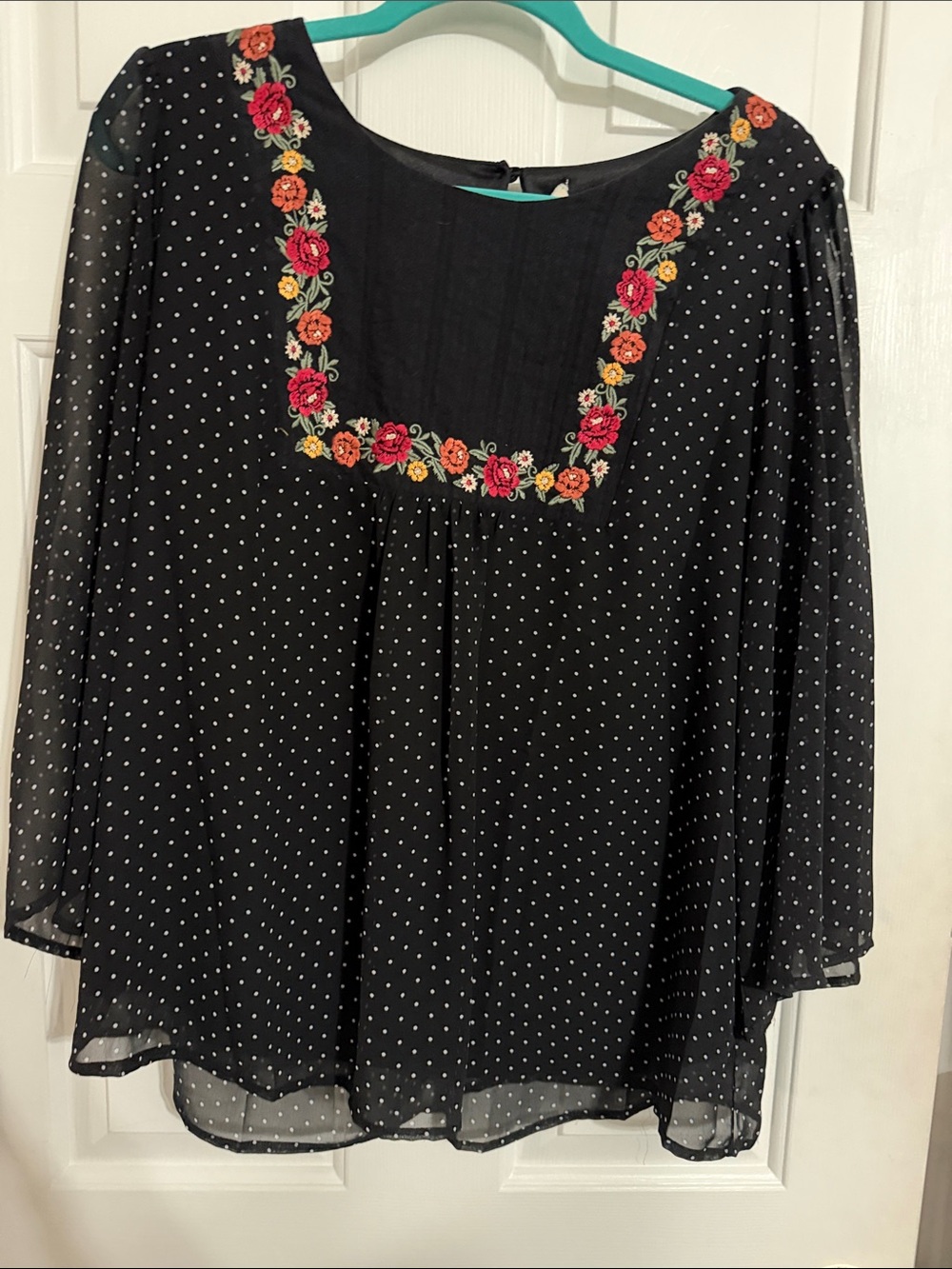 Savanna Jane Black Polka Dot Blouse with Rose Embroidery